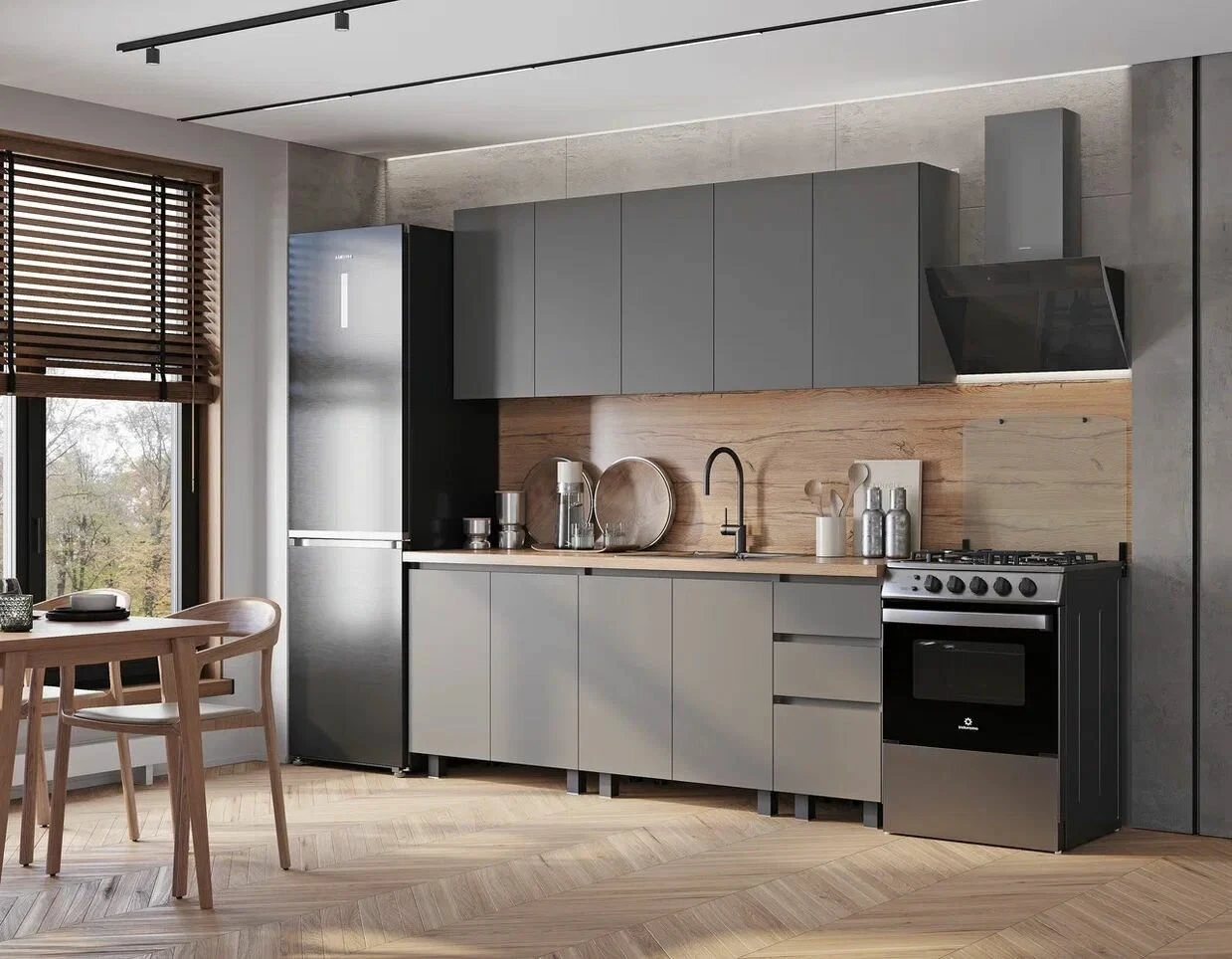 Кухонный гарнитур (кухня)Честер 2.0 Графит/Графит , столешница Дуб кера 38 мм 2000х2178х600 мебельный РАЙ