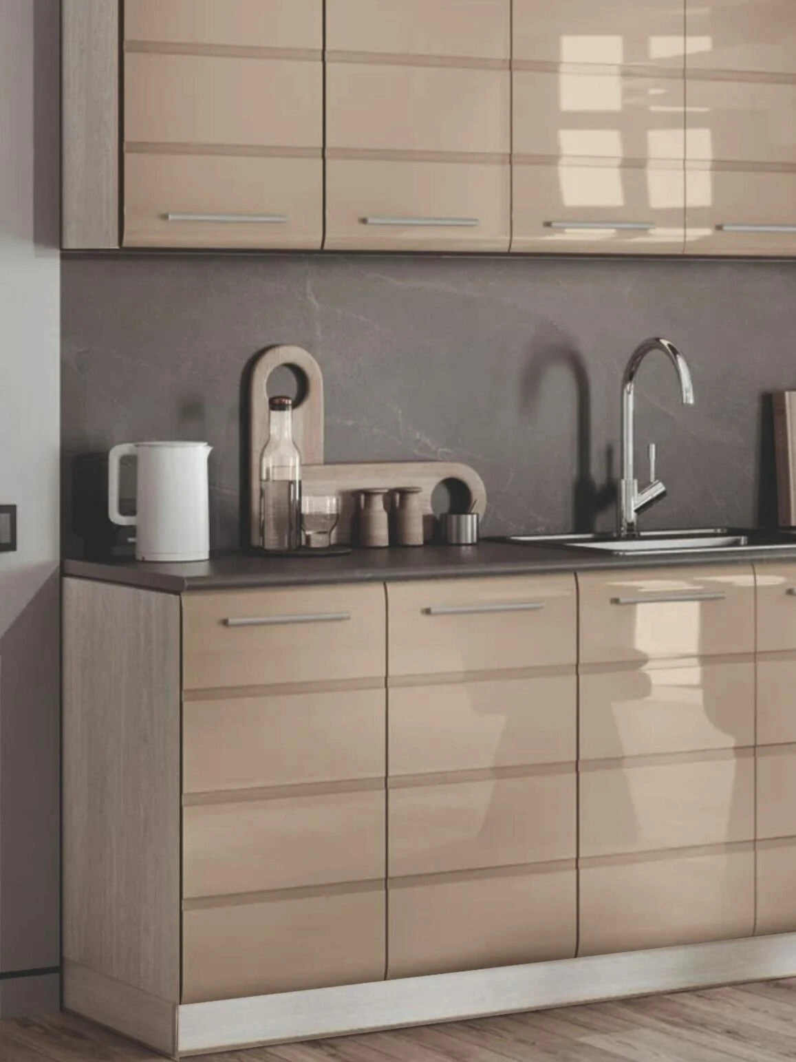 RAUS, Кухонный гарнитур светлый Инесса 2м, прямая глянцевая кухня кремовая, МДФ, светлый корпус